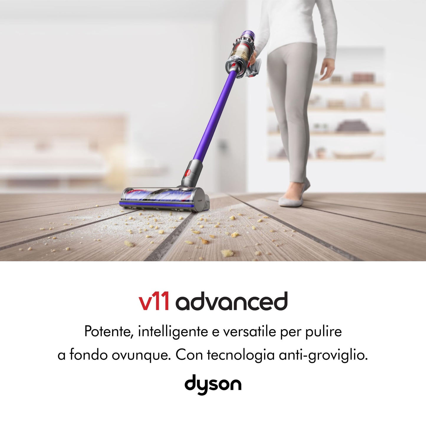 Dyson V11 Advanced™ Aspirapolvere senza filo–200 AW, 60 minuti di autonomia, Spazzola Motorbar anti groviglio, 3 modalità, schermo LCD, spazzola multifunzione, stazione di ricarica a muro,Nichel/Viola