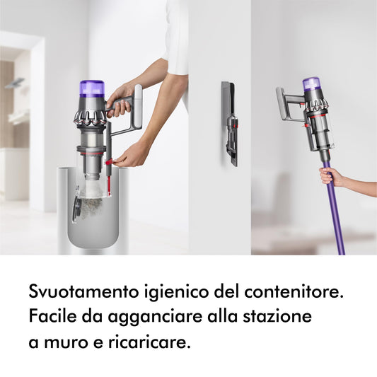 Dyson V11 Advanced™ Aspirapolvere senza filo–200 AW, 60 minuti di autonomia, Spazzola Motorbar anti groviglio, 3 modalità, schermo LCD, spazzola multifunzione, stazione di ricarica a muro,Nichel/Viola