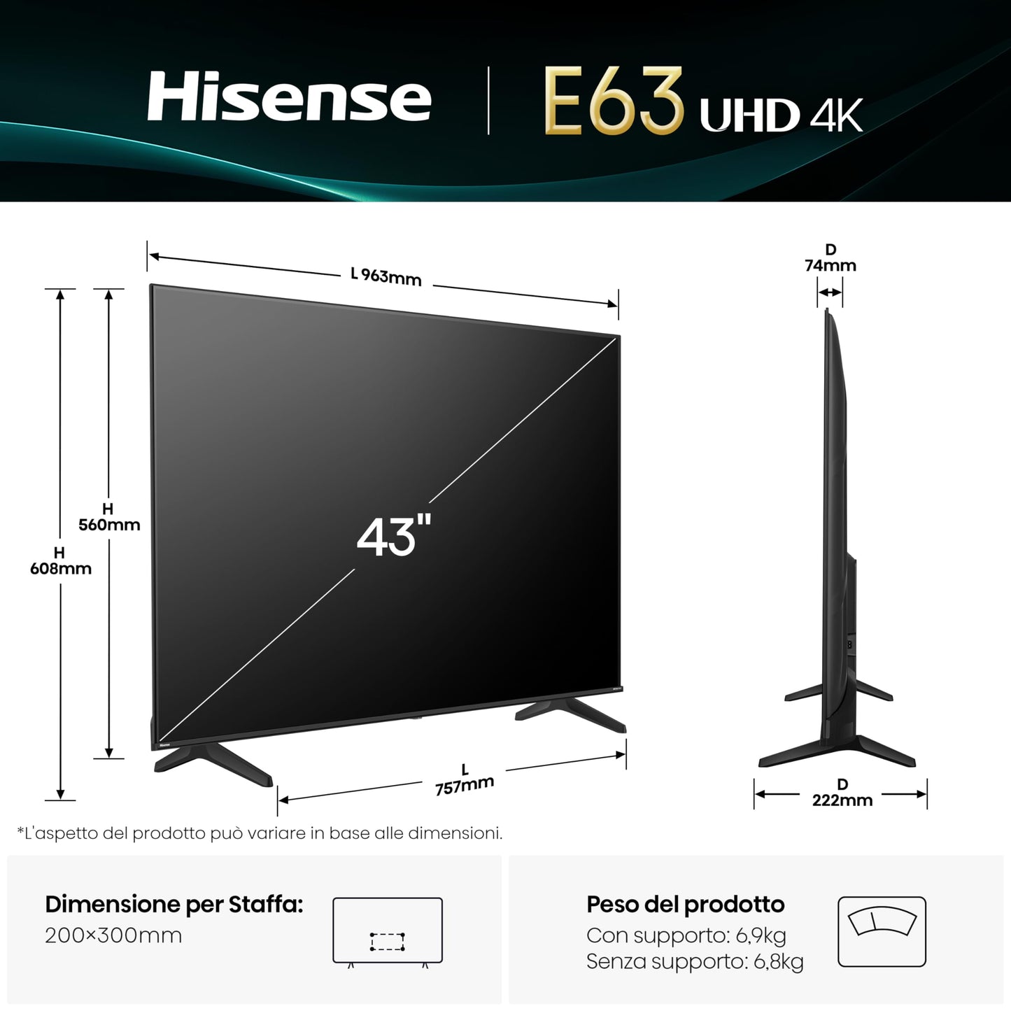 Hisense Smart TV 43" 4K Ultra HD 2025 43E63QT, Smart TV VIDAA U8, Dolby Vision, HDR 10, Game Mode Plus, Alexa Built-in, VIDAA Voice, Tuner DVB-T2/S2 HEVC 10, lativù 4K, 43'', 2025 LED