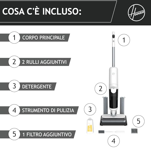 Hoover Aspirapolvere e lavapavimenti senza fili HW5 per pavimenti delicati e duri, Potenza 230W, Sistema a doppio rullo, 3 modalità, Funzione di autopulizia [HW500]