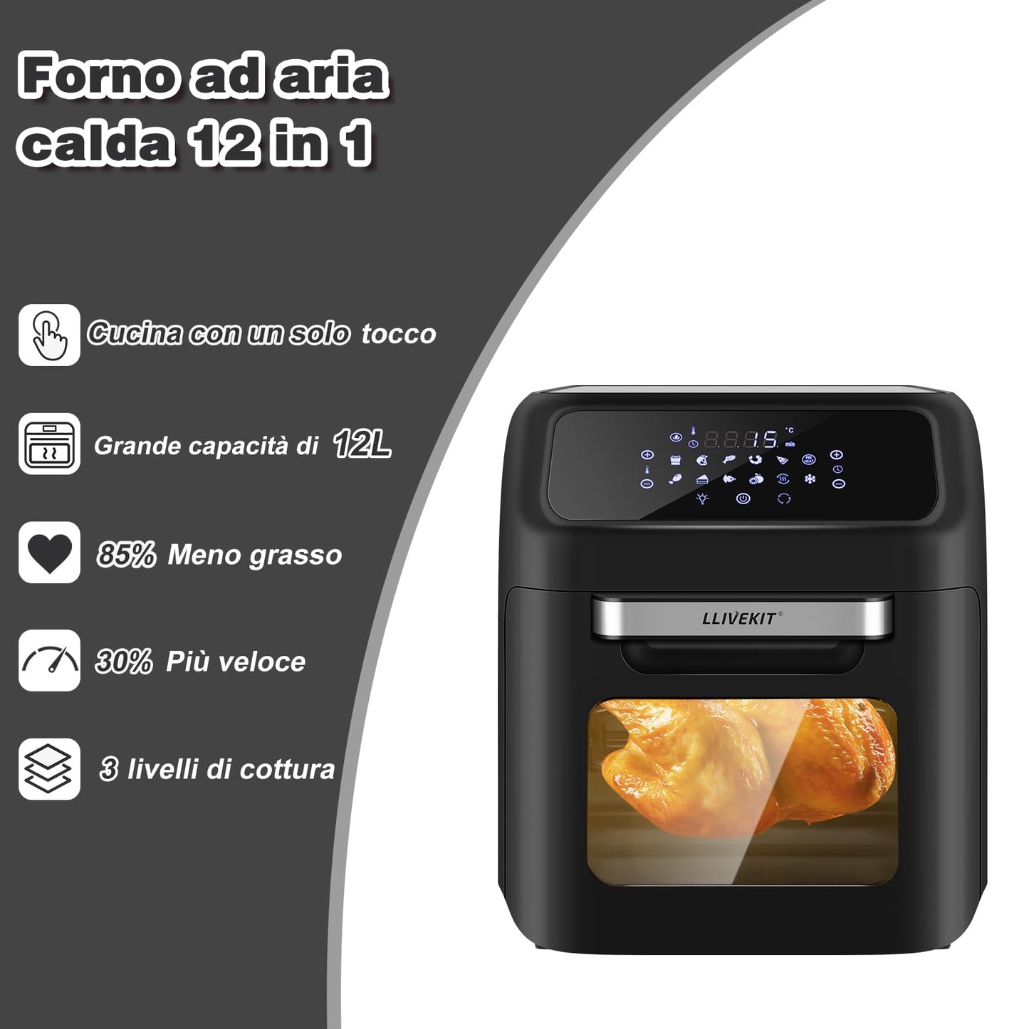LLIVEKIT Friggitrice ad aria 12L, Forno ad aria calda 12 in 1 con Touch Screen a LED digitale, Friggere Senza Olio da 1800W, Griglia, 7 accessori e ricettario