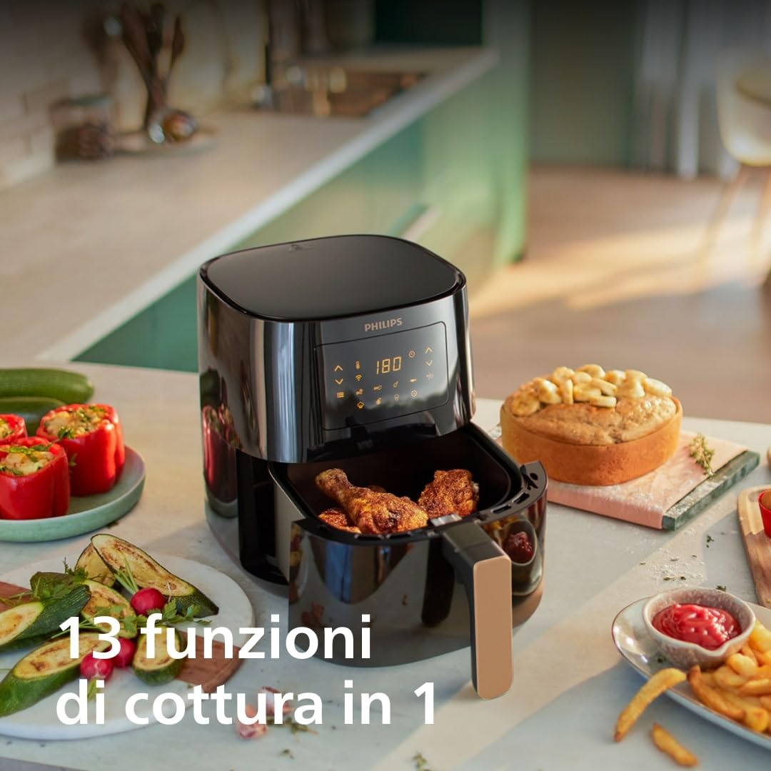 Philips Friggitrice ad aria Serie 5000 Connessa - Friggitrice ad Aria da 4.1L, Cucina Sana e Versatile con Tecnologia Rapid Air, 13 Modi di Cucinare, Touchscreen, WiFi (HD9255/80)