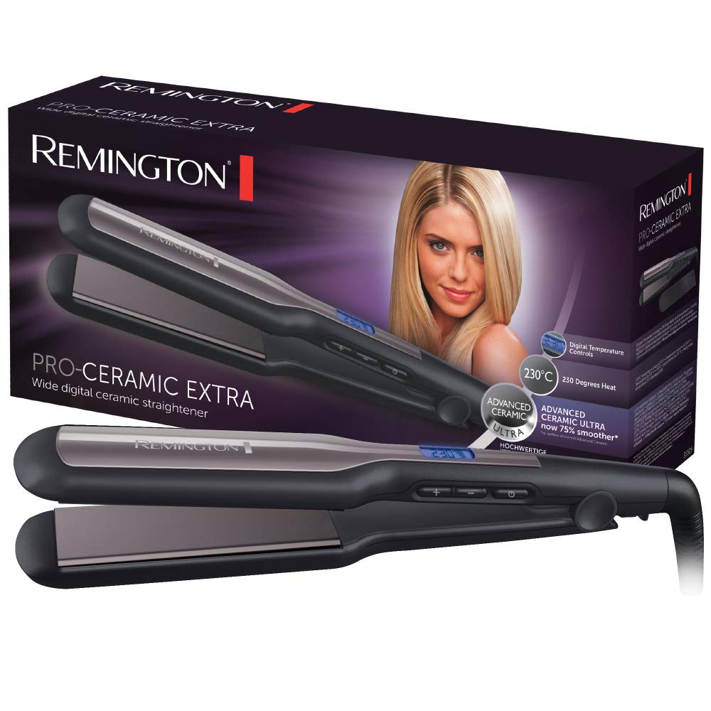 Remington Piastra per Capelli - Larga: Piastre extra larghe da 45 mm: Specifica per capelli spessi, crespi, ricci e molto lunghi - Display LCD, 150-230°C, piastra per capelli Pro-Ceramic Extra S5525