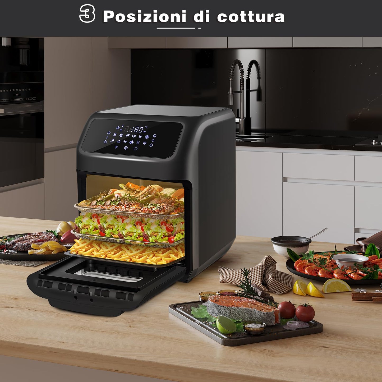LLIVEKIT Friggitrice ad aria 12L, Forno ad aria calda 12 in 1 con Touch Screen a LED digitale, Friggere Senza Olio da 1800W, Griglia, 7 accessori e ricettario