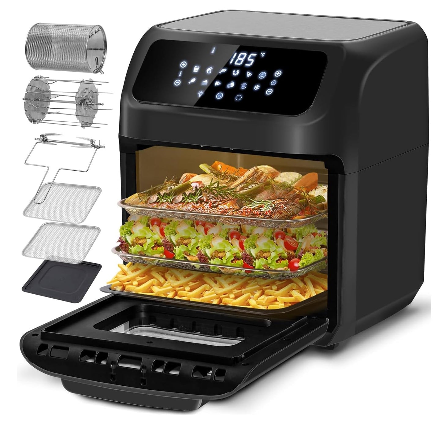 LLIVEKIT Friggitrice ad aria 12L, Forno ad aria calda 12 in 1 con Touch Screen a LED digitale, Friggere Senza Olio da 1800W, Griglia, 7 accessori e ricettario