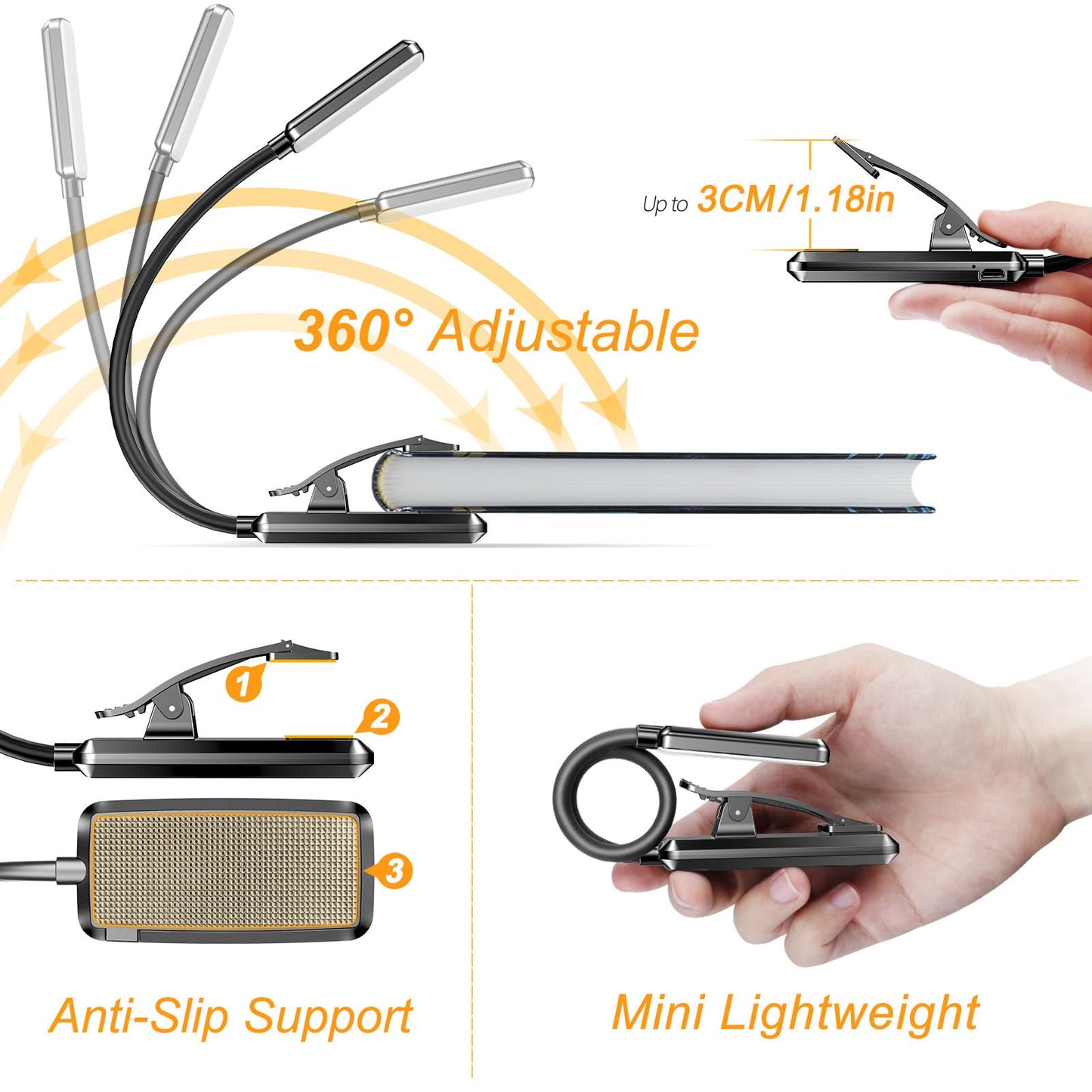 Gritin Lampada da Lettura, Luce Lettura Ricaricabile USB con 9 LED 3 modalità, Dimmerabile Senza Livelli, Lampada Luce Libro Portatile con Clip, Ideale per E-Reader, Studio, Letto, Viaggi, Tablet