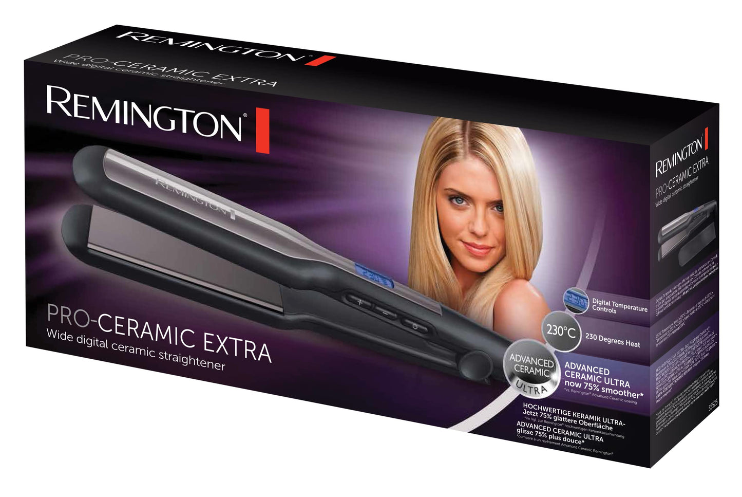 Remington Piastra per Capelli - Larga: Piastre extra larghe da 45 mm: Specifica per capelli spessi, crespi, ricci e molto lunghi - Display LCD, 150-230°C, piastra per capelli Pro-Ceramic Extra S5525