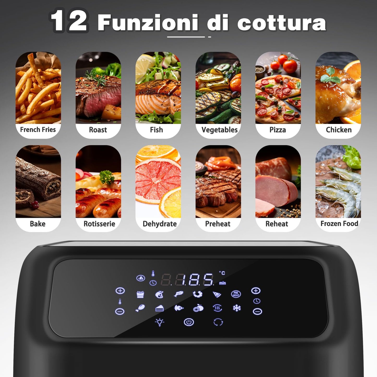 LLIVEKIT Friggitrice ad aria 12L, Forno ad aria calda 12 in 1 con Touch Screen a LED digitale, Friggere Senza Olio da 1800W, Griglia, 7 accessori e ricettario