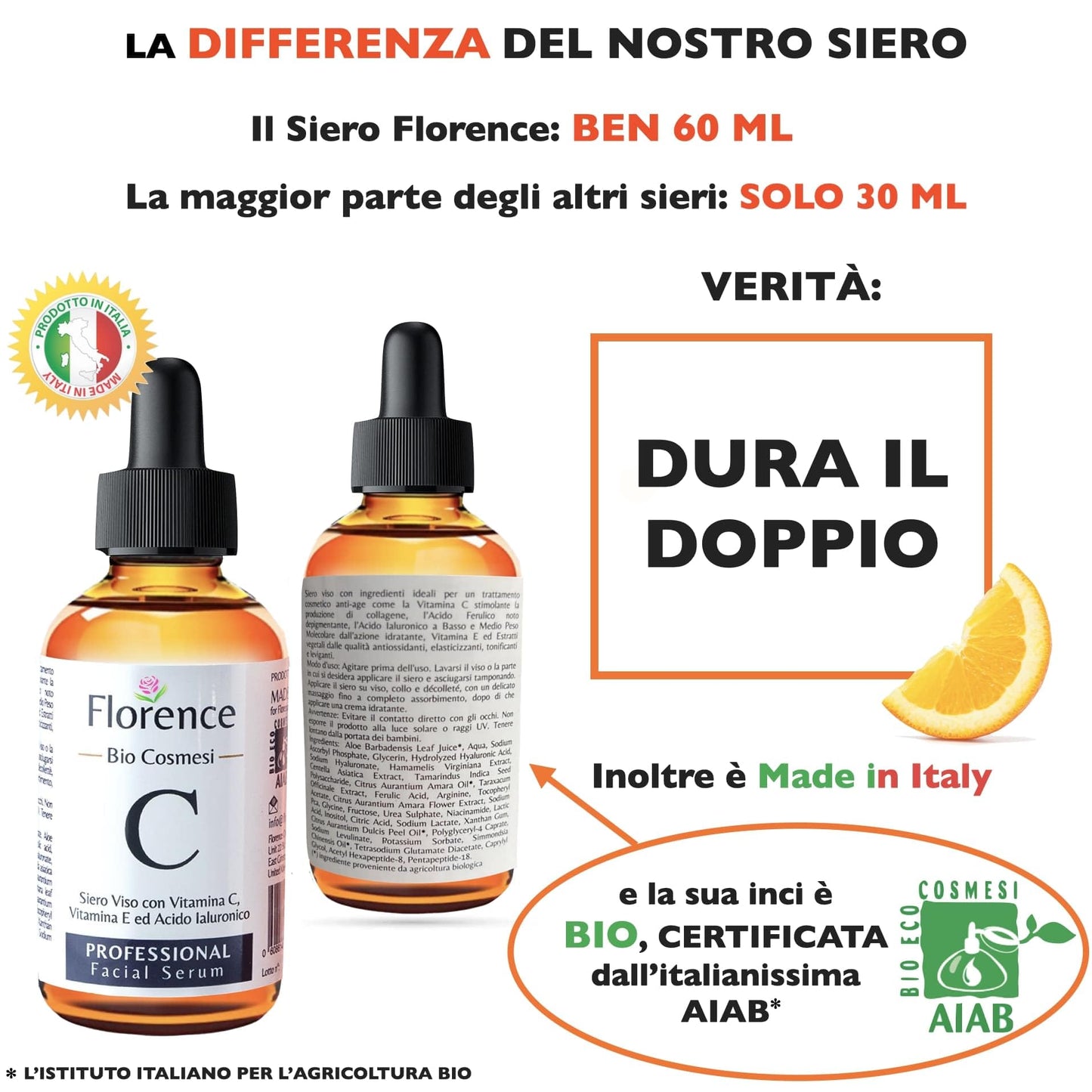 60ml. Bio Siero Vitamina C e Vit. E. Siero Viso Acido Ialuronico Antirughe, Antimacchie Illuminante, e Antietà. Ideale Come Crema Contorno Occhi e per Dermaroller. Biologico,Vegano