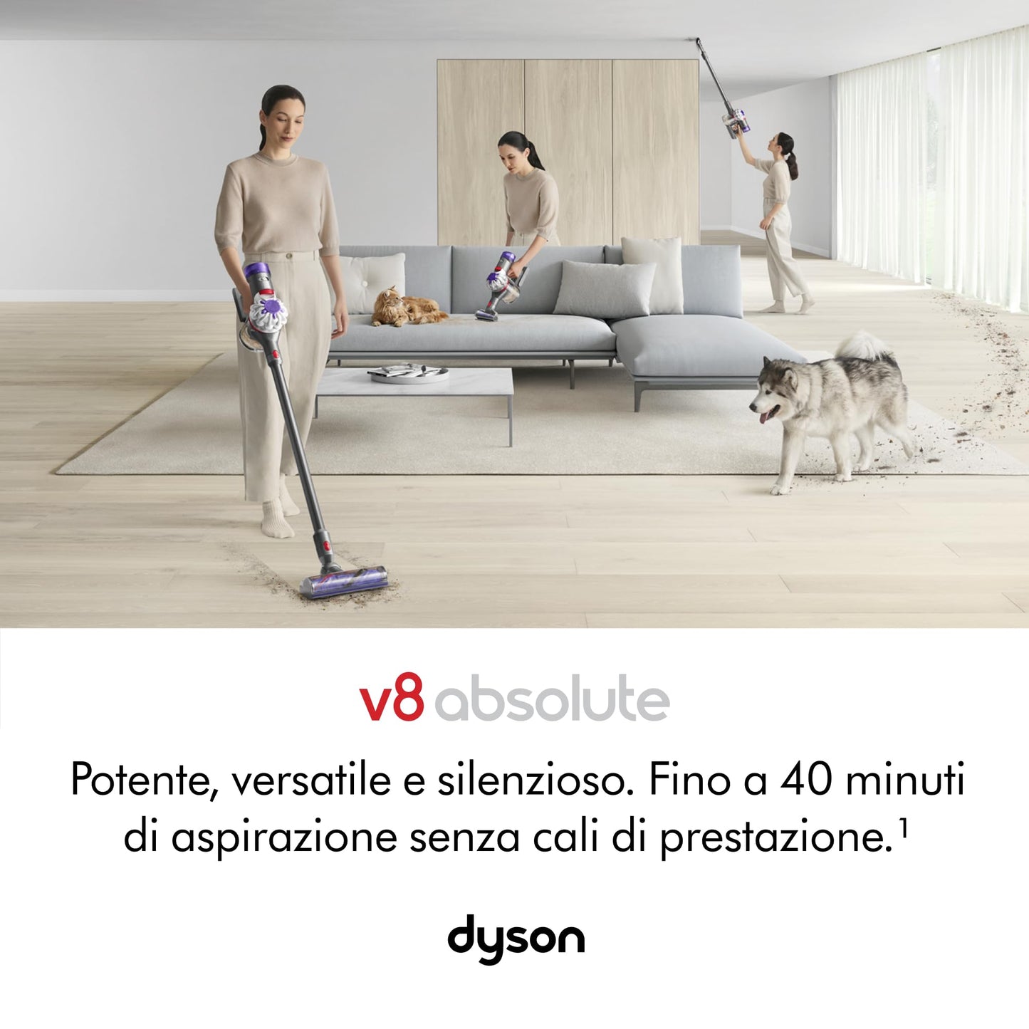 Dyson V8 Absolute™ Aspirapolvere senza filo – 115 AW,40 minuti di autonomia,Spazzola Motorbar anti groviglio, Spazzola a rullo morbido,bocchetta a lancia,stazione di ricarica a muro,Argento/Giallo