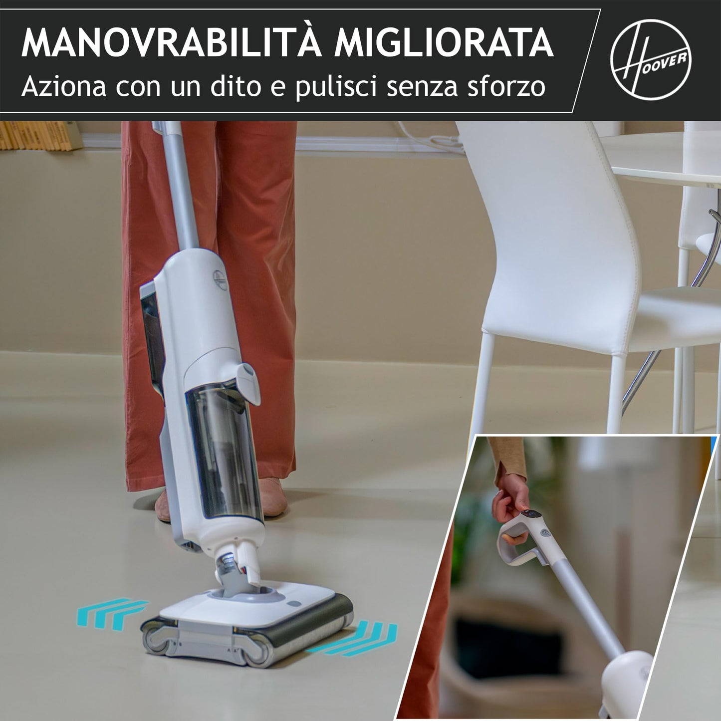 Hoover Aspirapolvere e lavapavimenti senza fili HW5 per pavimenti delicati e duri, Potenza 230W, Sistema a doppio rullo, 3 modalità, Funzione di autopulizia [HW500]