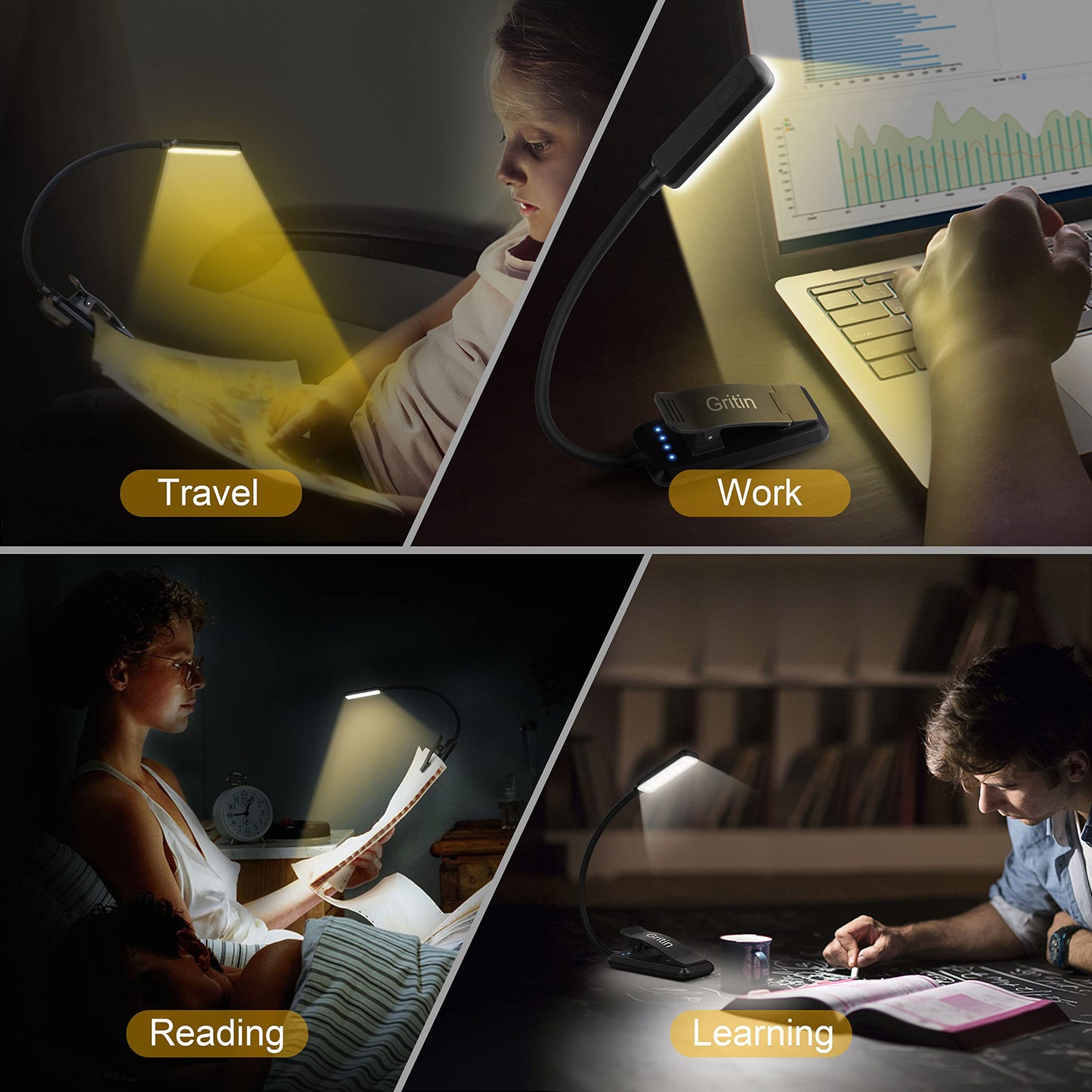 Gritin Lampada da Lettura, Luce Lettura Ricaricabile USB con 9 LED 3 modalità, Dimmerabile Senza Livelli, Lampada Luce Libro Portatile con Clip, Ideale per E-Reader, Studio, Letto, Viaggi, Tablet