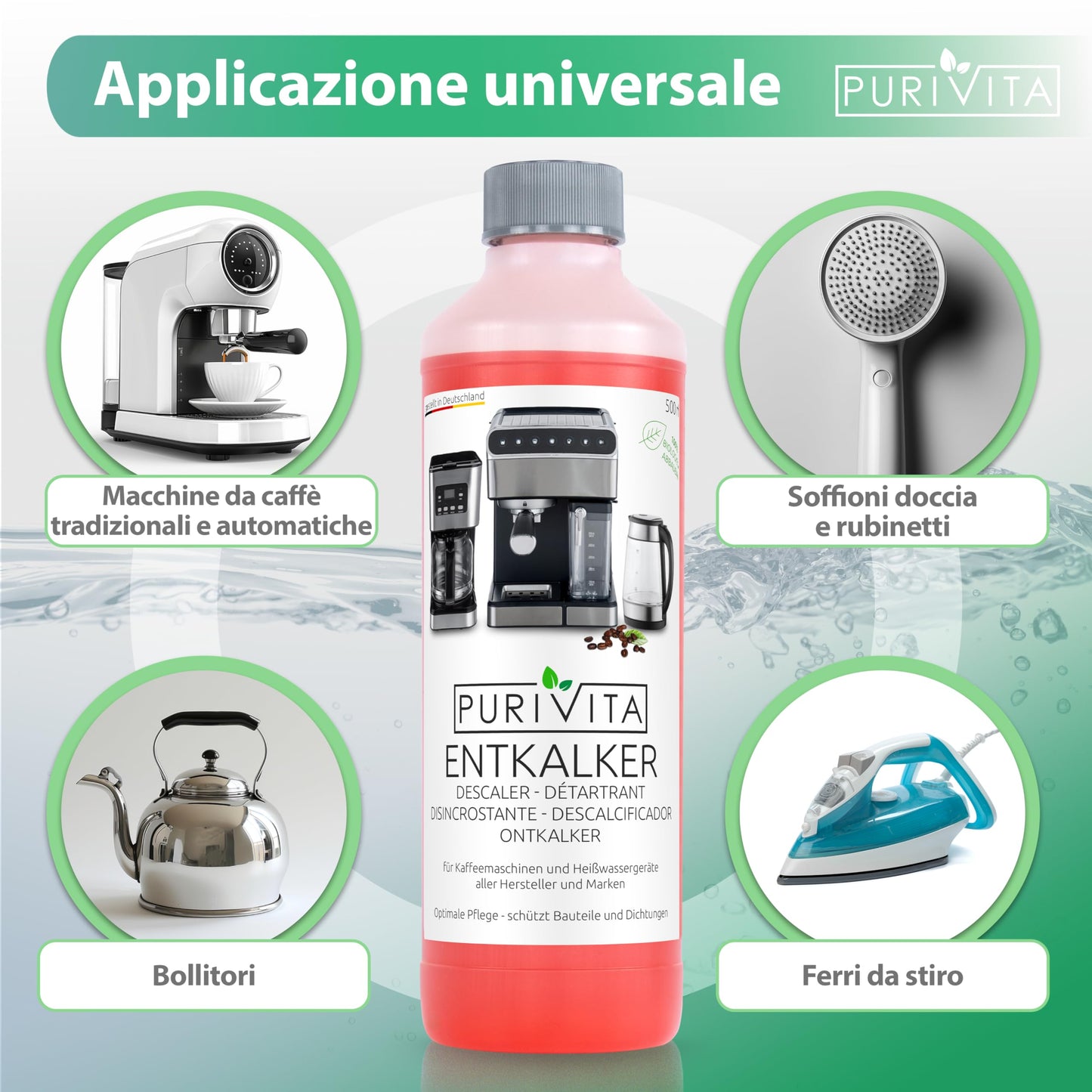 PURIVITA® Universale Decalcificante Macchina Caffè [500ML] - Anticalcare Pulizia Macchine Caffe - Liquido Disincrostante per i Modelli Delonghi, Nespresso, Dolce Gusto, Lazzata & Altri Ancora