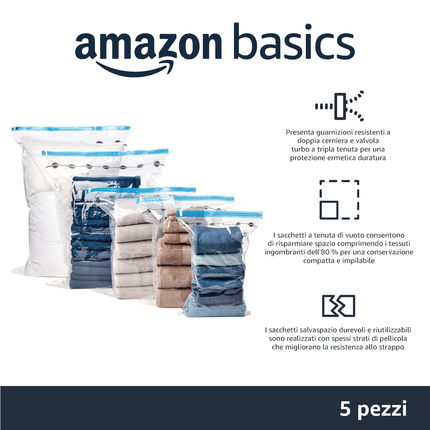 Amazon Basics Sacchetti sottovuoto con pompa a mano, Cerniera, misura grande, confezione da 5, Trasparente