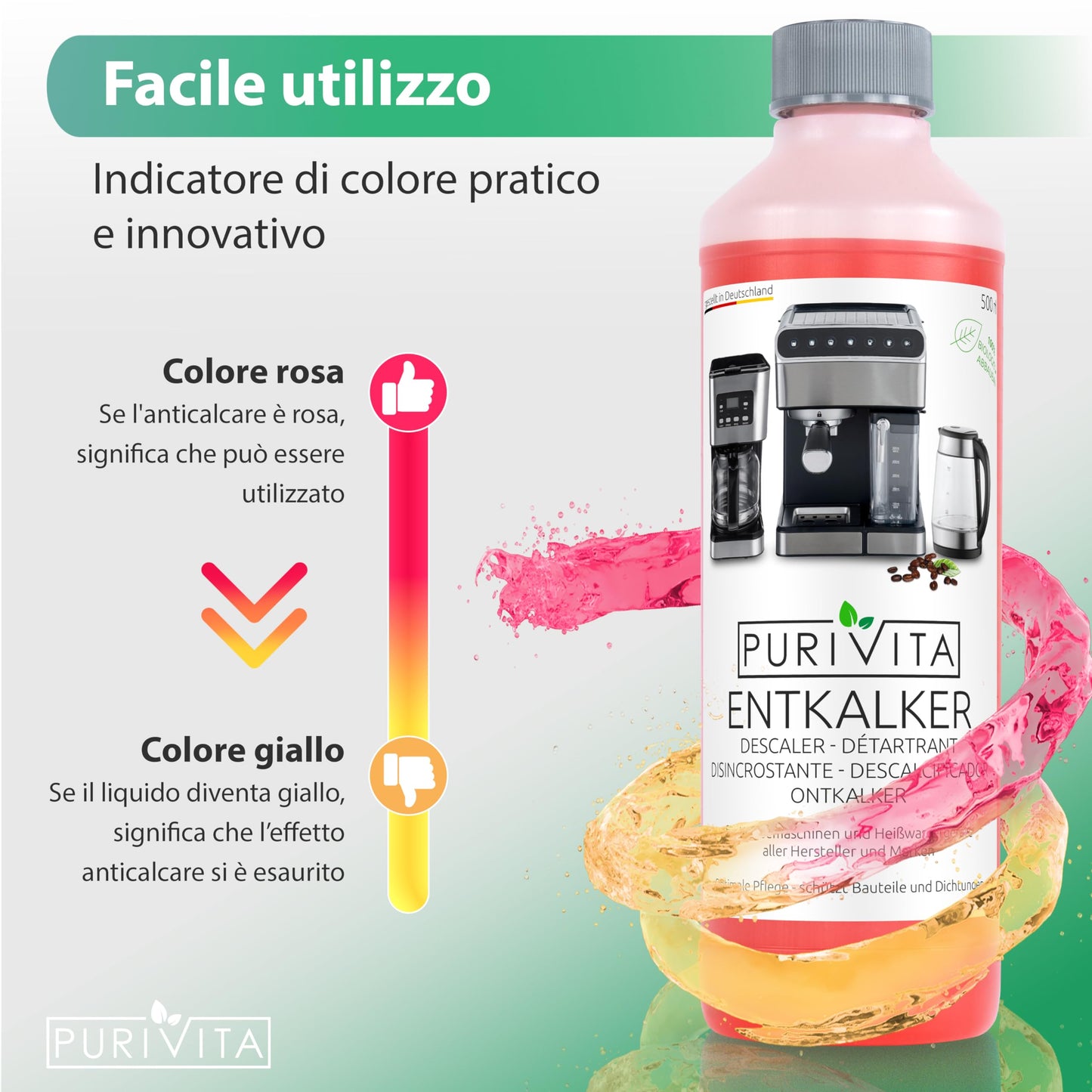 PURIVITA® Universale Decalcificante Macchina Caffè [500ML] - Anticalcare Pulizia Macchine Caffe - Liquido Disincrostante per i Modelli Delonghi, Nespresso, Dolce Gusto, Lazzata & Altri Ancora