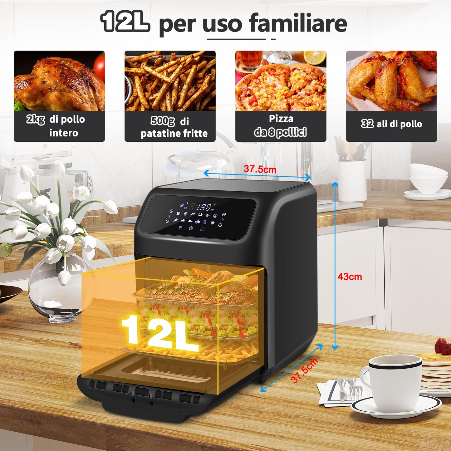 LLIVEKIT Friggitrice ad aria 12L, Forno ad aria calda 12 in 1 con Touch Screen a LED digitale, Friggere Senza Olio da 1800W, Griglia, 7 accessori e ricettario