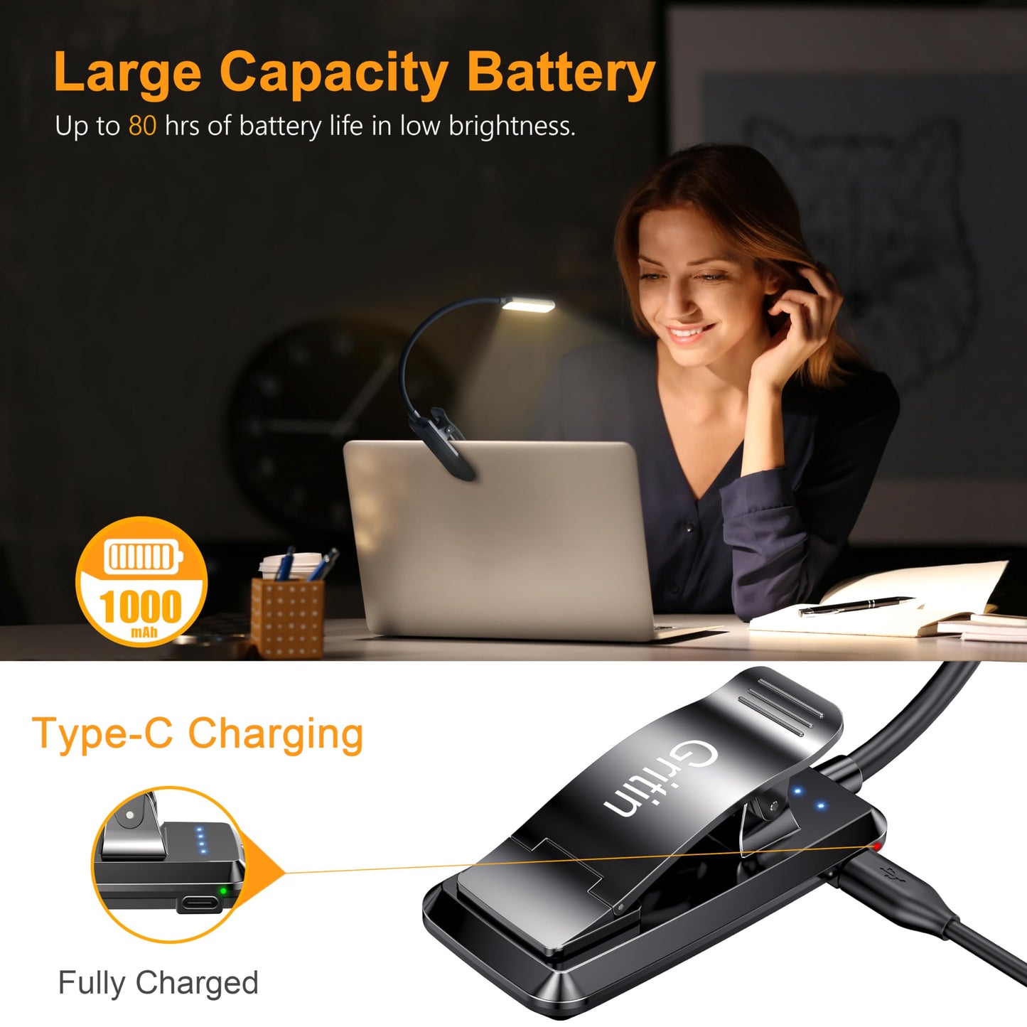 Gritin Lampada da Lettura, Luce Lettura Ricaricabile USB con 9 LED 3 modalità, Dimmerabile Senza Livelli, Lampada Luce Libro Portatile con Clip, Ideale per E-Reader, Studio, Letto, Viaggi, Tablet