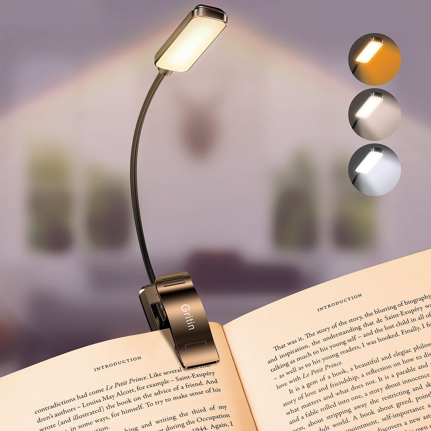 Gritin Lampada da Lettura, Luce Lettura Ricaricabile USB con 9 LED 3 modalità, Dimmerabile Senza Livelli, Lampada Luce Libro Portatile con Clip, Ideale per E-Reader, Studio, Letto, Viaggi, Tablet